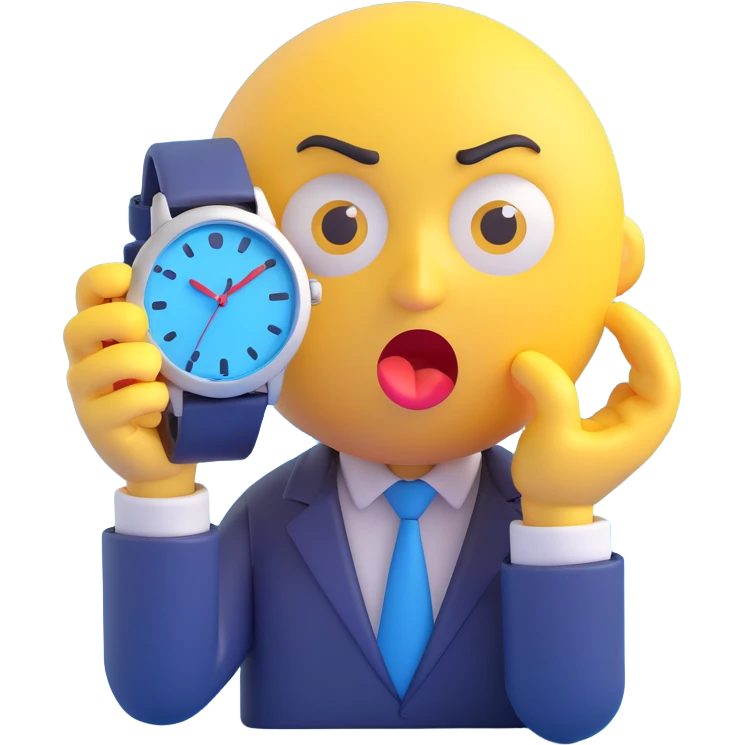 A yellow emoji face with a worried expression, looking at a wristwatch with raised eyebrows, showing urgency and stress emoji