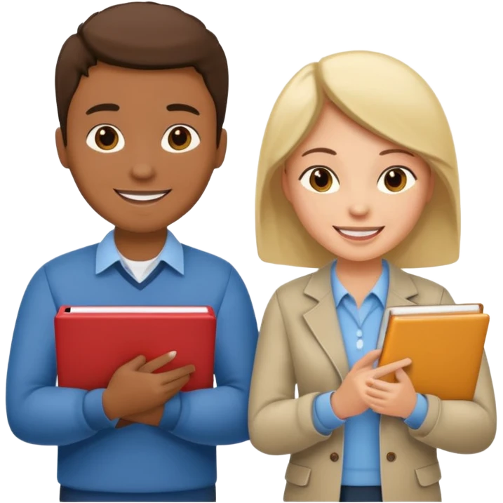 group of 5 colleagues 1 with computer, 1 with a copybook emoji