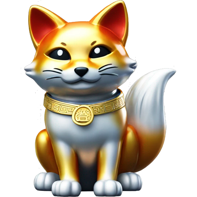 fully chrome fox statue in the form of maneki neko emoji