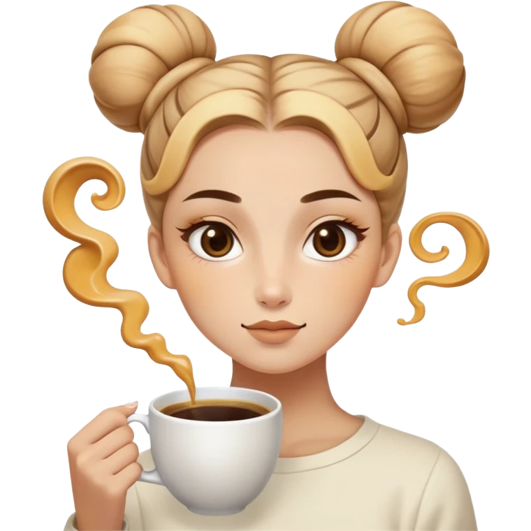 Face: Honey-beige skin (#FAD8B3) with beauty mark under left eye, arched eyebrows forming sharp "^^" shape. Hair: Double-bun hairstyle with steam swirls rising from buns mimicking coffee vapor. Extra: Holding tilted coffee cup where foam art shows 😒 face. emoji