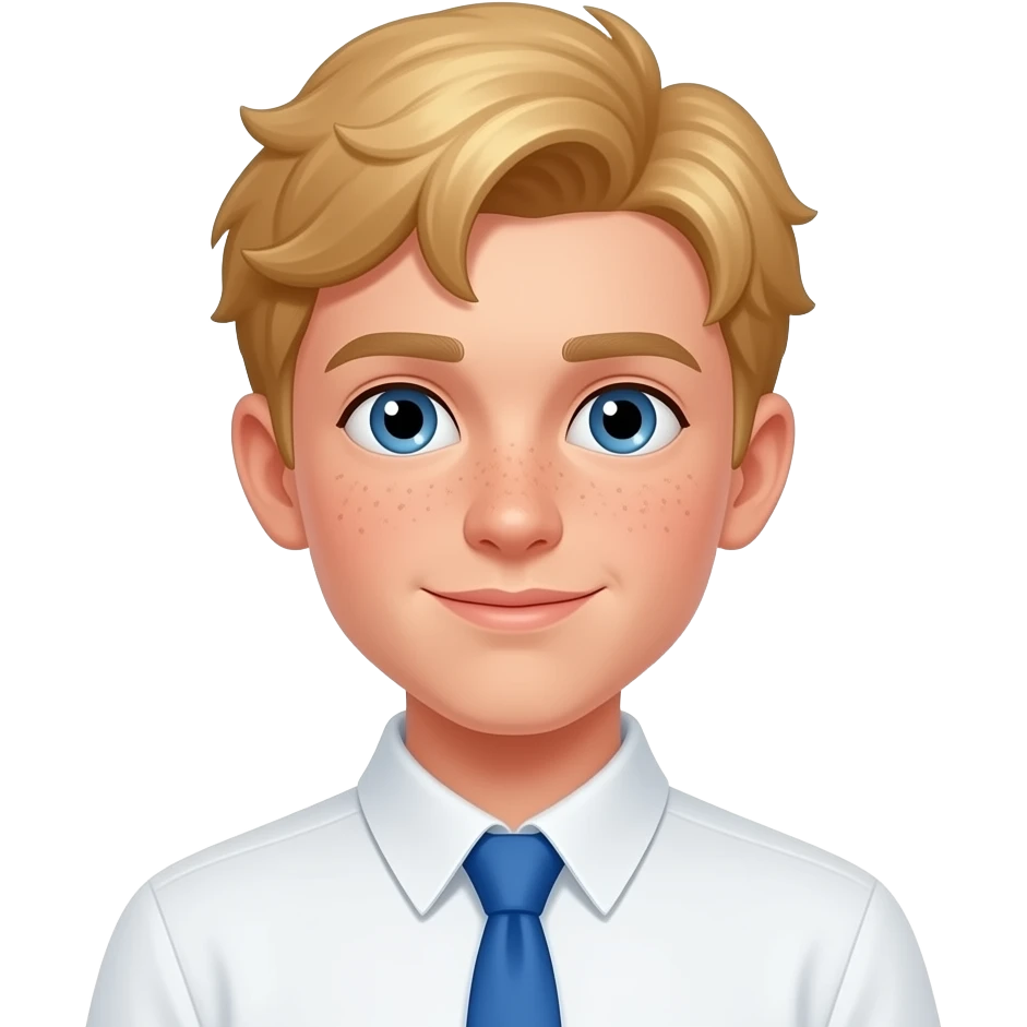 a strawberry blonde boy with subtle freckles and a white shirt with a blue tie emoji
