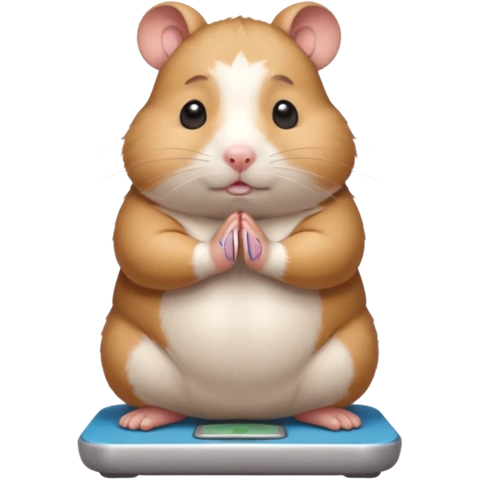 Cute chubby cartoon-style hamster standing on a bathroom scale, looking nervous with praying hands. Painterly shading, closed eyes, white background, sticker-style illustration emoji
