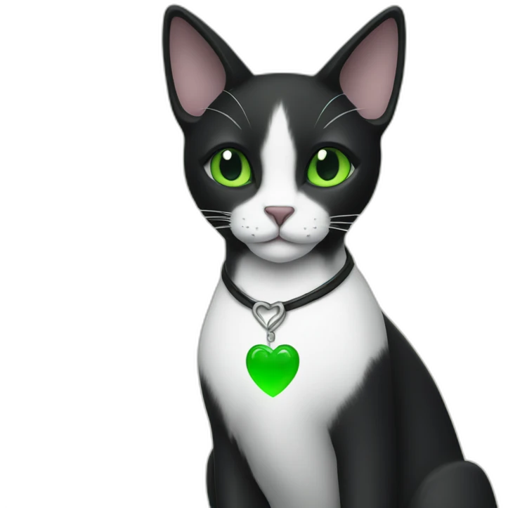 Black cat sitting with Green eyes and a White heart stein on the chest  emoji