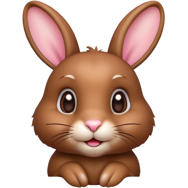 Cinematic Cute Brown Rabbit Portrait Emoji, Head tilted playfully and inquisitively, featuring a glossy, velvety brown fur with perky ears, round, sparkling brown eyes filled with curiosity, Simplified yet irresistibly adorable features, highly detailed, glowing with a warm, friendly glow, high shine, affectionate and lively, stylized with a touch of whimsy, bright and endearing, soft glowing outline, capturing the essence of a mischievous yet loving bunny, so playful it feels like it could hop out of the screen and into your arms! emoji