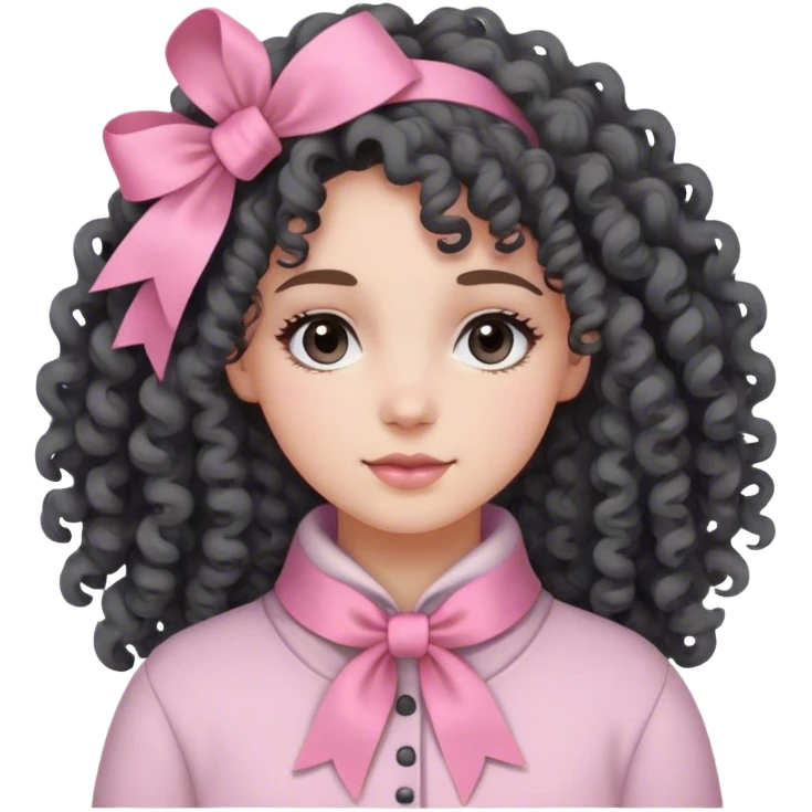 Kıvırcık uzun saçlı, siyah kömür gözlü, beyaz tenli kadın . Soft bir giyim, sadece saçında bir tane pembe kurdele.  emoji