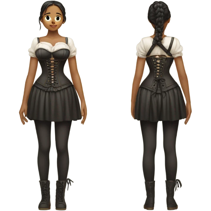 the girl stands with her back not at full height to her and an old corset is tied around her  emoji