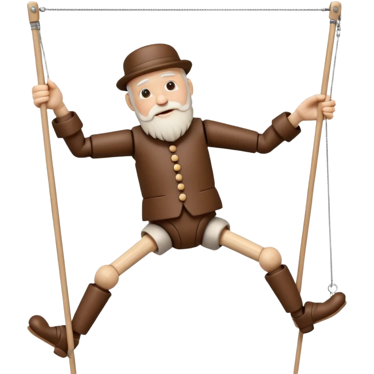 3D render of Old Man Puppet as a wooden marionette puppet, Carved wood beard, silver metal screw joints at elbows and knees, polished brown wood texture, rigid toy pose, emoji style, isolated on white background --v 6.0. emoji