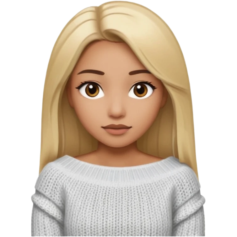 Mujer color de piel moreno claro, con cabello rubio largo, lacio y suelto, ojos negros viendo a la cámara, usando un suéter off shoulders blanco emoji