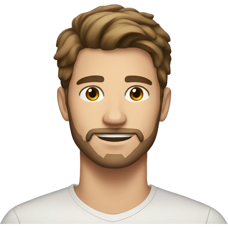 A handsome 25 year old man with fairly short brown hair, brown eyes, a very light goatee beard emoji