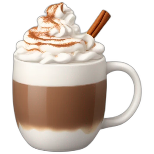 white mug of hot chocolate with whipped cream and cinnamon emoji