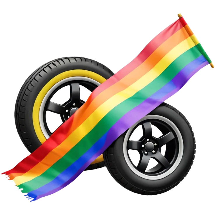 compact emoji-style vector of LGBT rainbow flag, vibrant and colorful, with bold realistic black tire skid marks diagonally across the flag, high contrast, clear, white or transparent background emoji