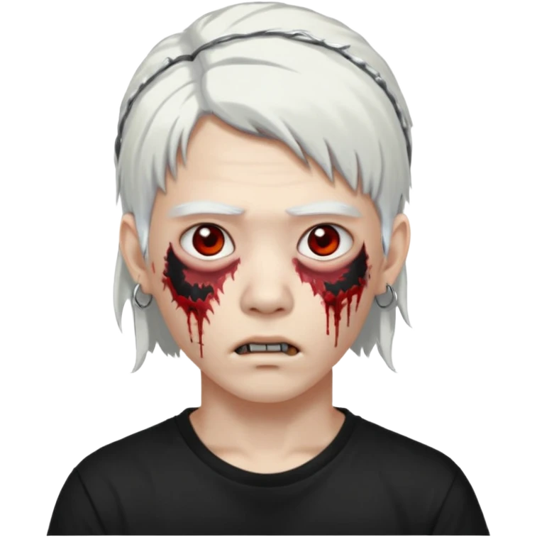 ok make a zombie avatar that has pale skin more like zombie not human, young, asian, mullet hair, white hair with hoop earrings wearing just a black T shirt white blood from the eyes, p emoji