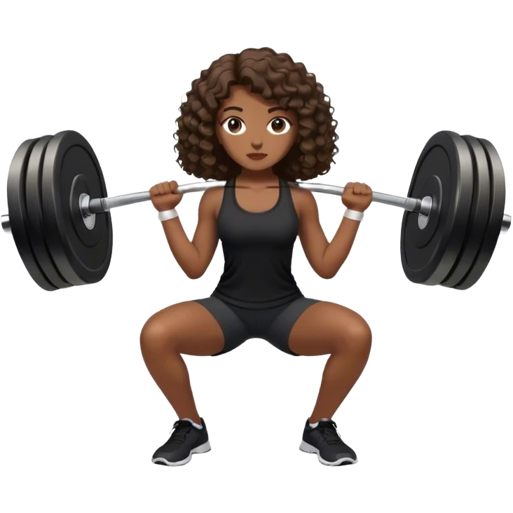 mulher branca com cabelo cacheado longo castanho com top e shorts preto fazendo agachamento com peso emoji