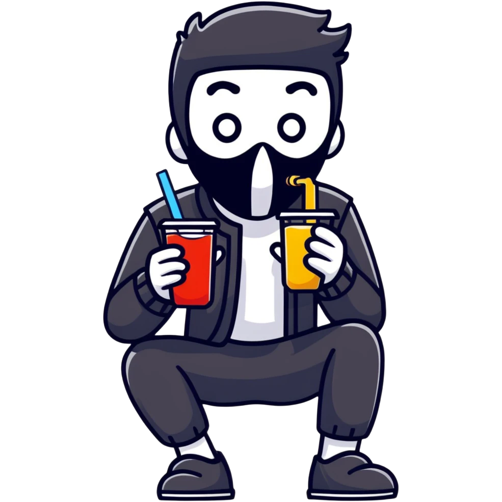 Masked man in dark clothes holding and sipping from a small juice box, comical contrast between serious appearance and childish action emoji