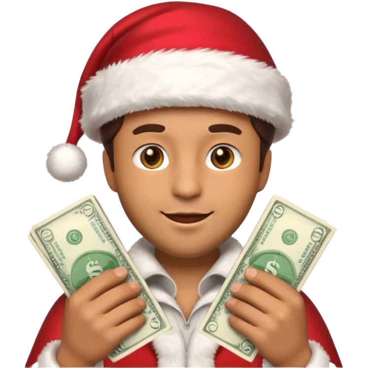 A confident rich emoji face wearing a Santa hat, money stacks, casino vibe, New Year theme, premium 3D emoji style, sharp details, no text, isolated on transparent background emoji