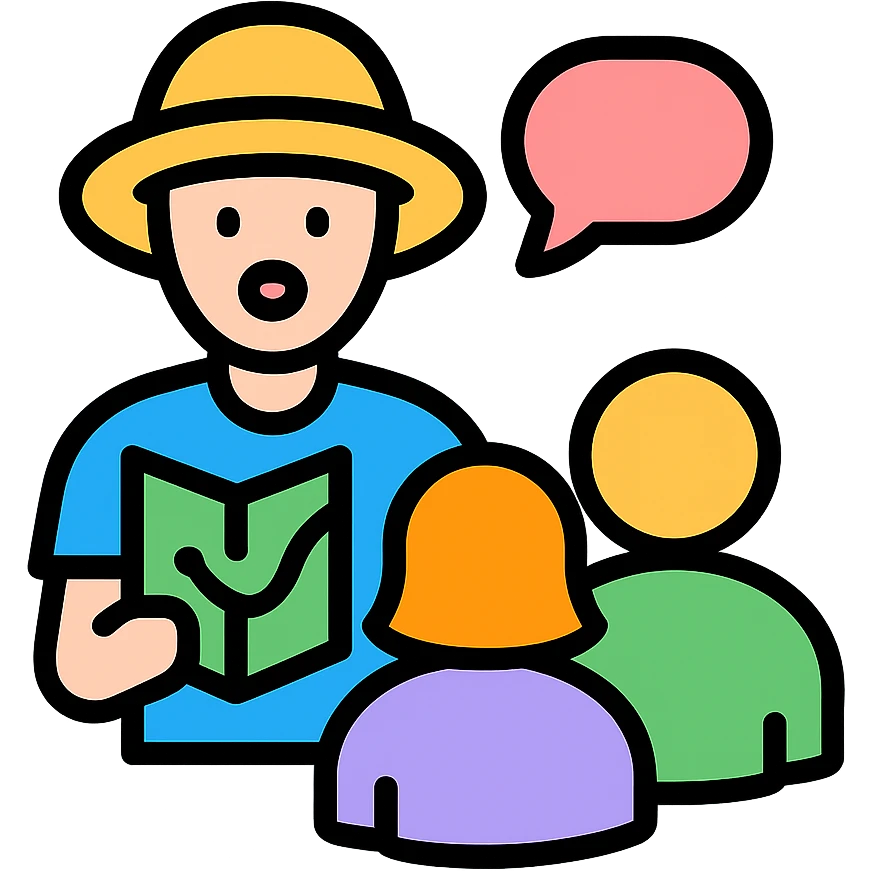 travel guide with hat and map, talking to tourists, color outline icon emoji