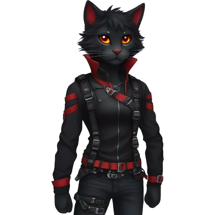 Anthro Edgy Cool Beautiful Black Cat-Fursona with Emo Hair-bangs with Red Streaks Chest Harness emoji