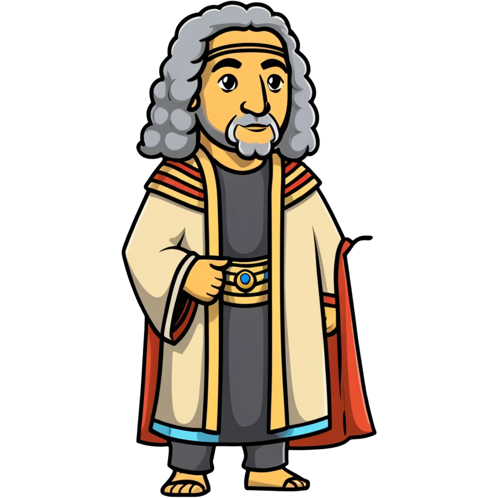 profile portrait of an Egyptian historian with long curly grey hair, wearing an Egyptian cloak, large aquiline nose emoji