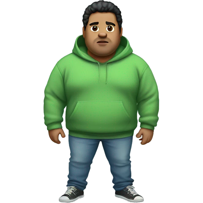 wide fat guy with black hair big chest green hoodie and light blue jeans and no beard, with little acne emoji