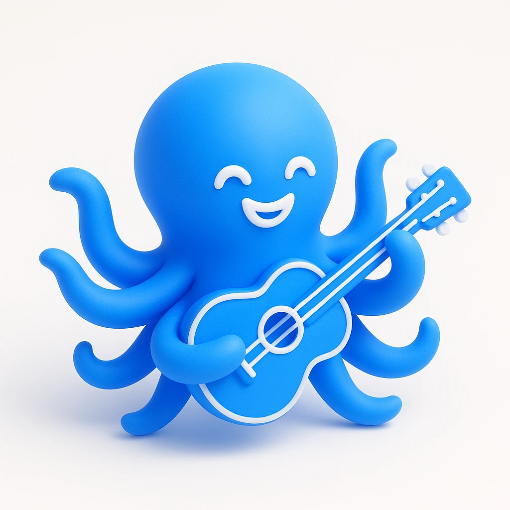 happy octopus with multiple arms playing guitar emoji