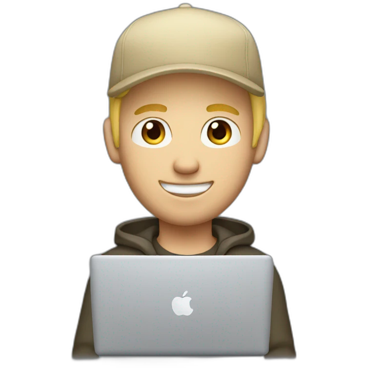 blonde guy wearing a cap with a mac book pro emoji