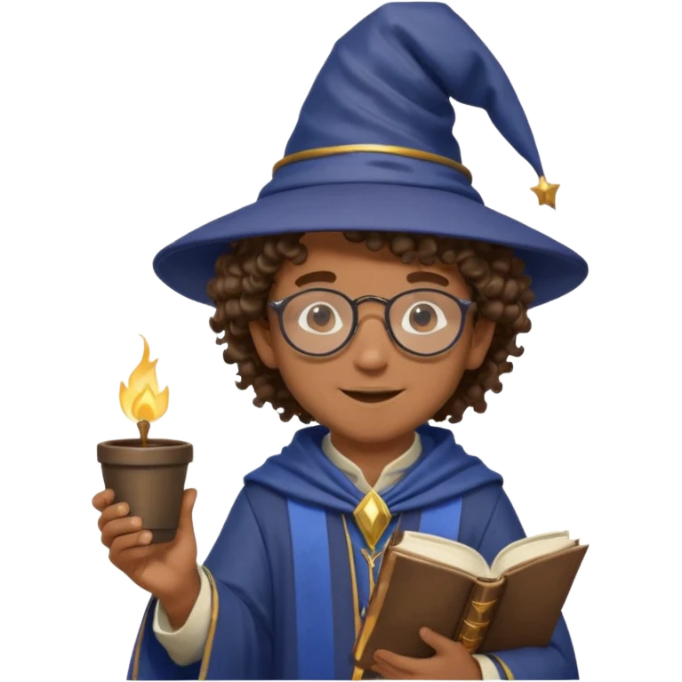 A Joyful Child Male with Brown skin and Curly hair, wearing a Traditional outfit, a Wizard hat, Sunglasses, carrying a Spellbook, working as a farmer, while drinking Coffee and reading a Textbook. emoji