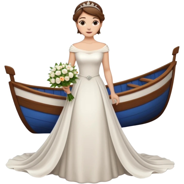Chica blanca,cuerpo entero, vestido boda cuello barco y cola, pelo castaño,   1 ramo de flores , pelo recogido con tiara emoji