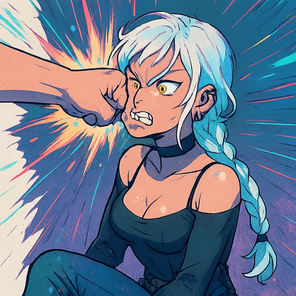  she is getting punched in the face explosively, overpowered, facepunch, a closeup portrait of young woman with gold yellow eyes, white hair, long braid, black off-shoulder top d-cup, punk gothic style, futuristic cyberwave cyberpunk, sitting position
 emoji