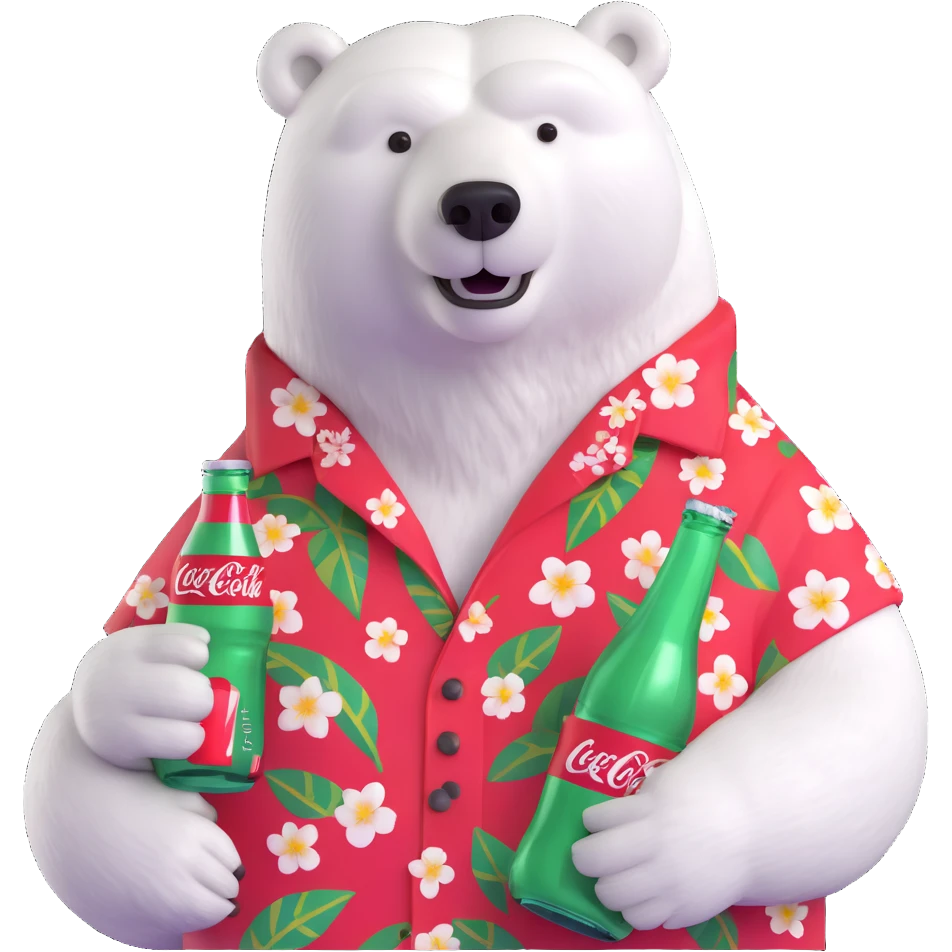polar bear in a Hawaiian shirt decorated with Coke bottles, holding and drinking a Coca-Cola emoji
