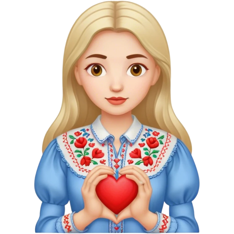 A Ukrainian woman in an embroidered shirt holds a heart in her hands emoji