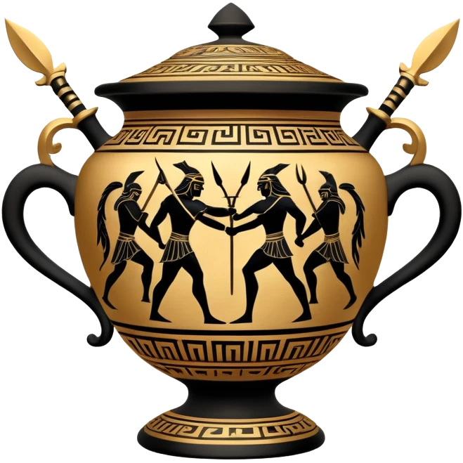 Cinematic-realistic Grecian urn, an exquisite black-figure pottery masterpiece resting in the dim glow of an ancient temple. Intricate golden depictions of two warrior fighting with spears and warriors encircle its curved form, telling timeless myths of heroism and tragedy.  emoji