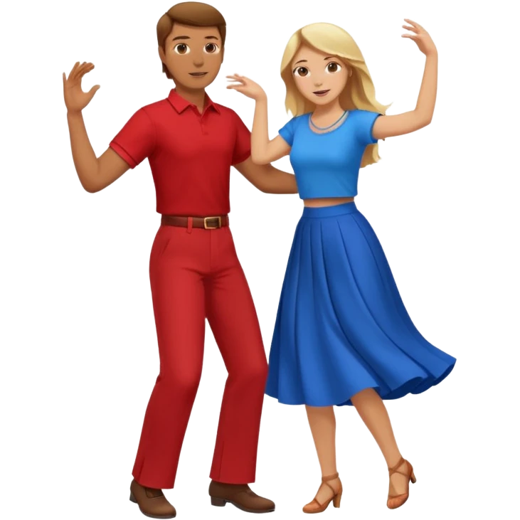 Two people dancing. Man in red shirt and  red pants with brown hair. Women in blue shirt and long skirt with blond hair. emoji