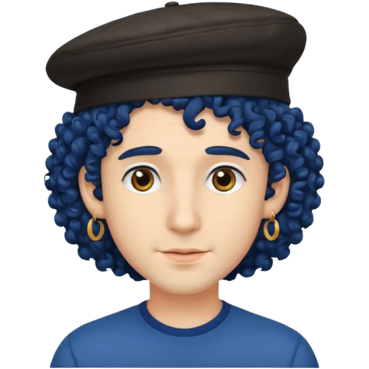 dark blue haired man curly hair and big earrings and and hat wearing emoji