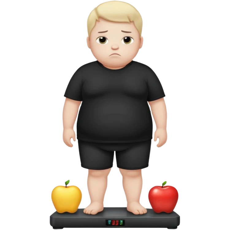 sad fat young boy in black t shirt on weight scale  emoji