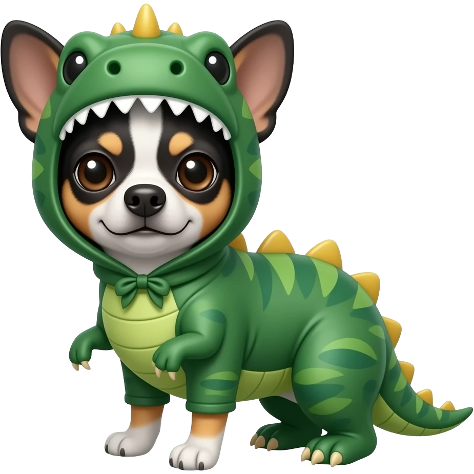 Un perro Chihuahua disfrazado de dinosaurio pero que el perro sea de color blanco y negro emoji