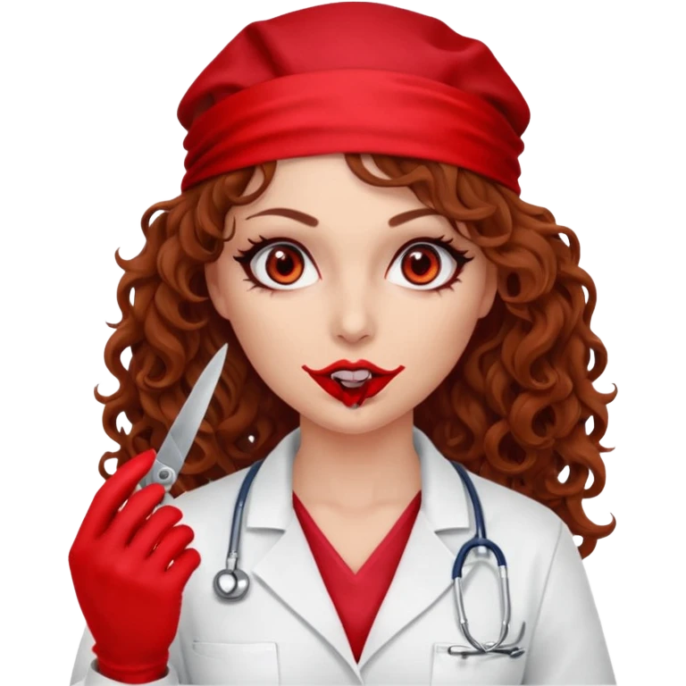 Scary woman scalpel in hand, evil surgeon sexy surgeon clothes.  She has red eyes. Her  brown long curly hair. Wears sexy doctor outfit with red gloves. Only uses red bandanna  to hide her face mouth with red bandana to hide her identity emoji