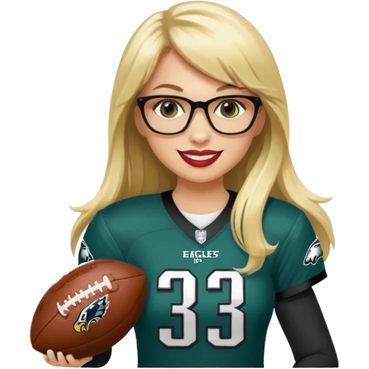 full length women wearing eagles uniform, long blonde hair, even bangs, black glasses, holding football, number 33, smiling, lipstick emoji