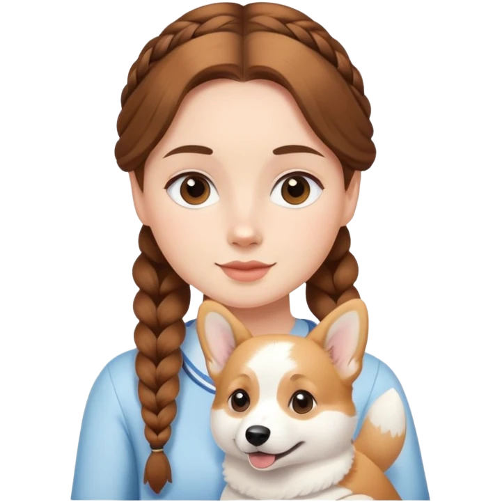The girl with brown hair in a single braid is holding a white corgi emoji