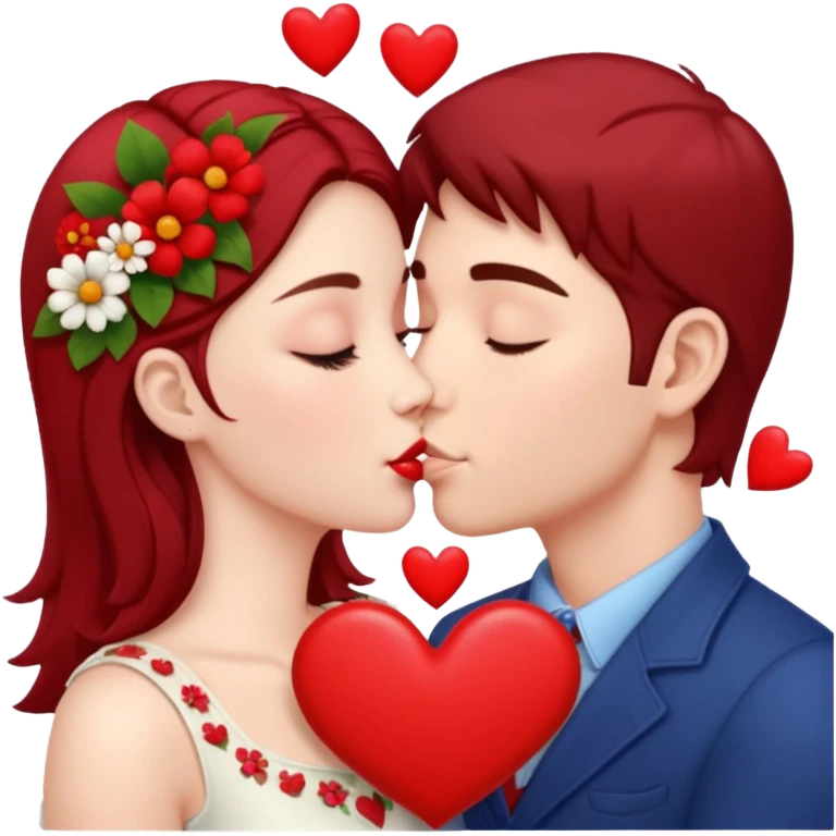 Hyper Realistic Couple kissing surrounded by red hearts and flowers emoji