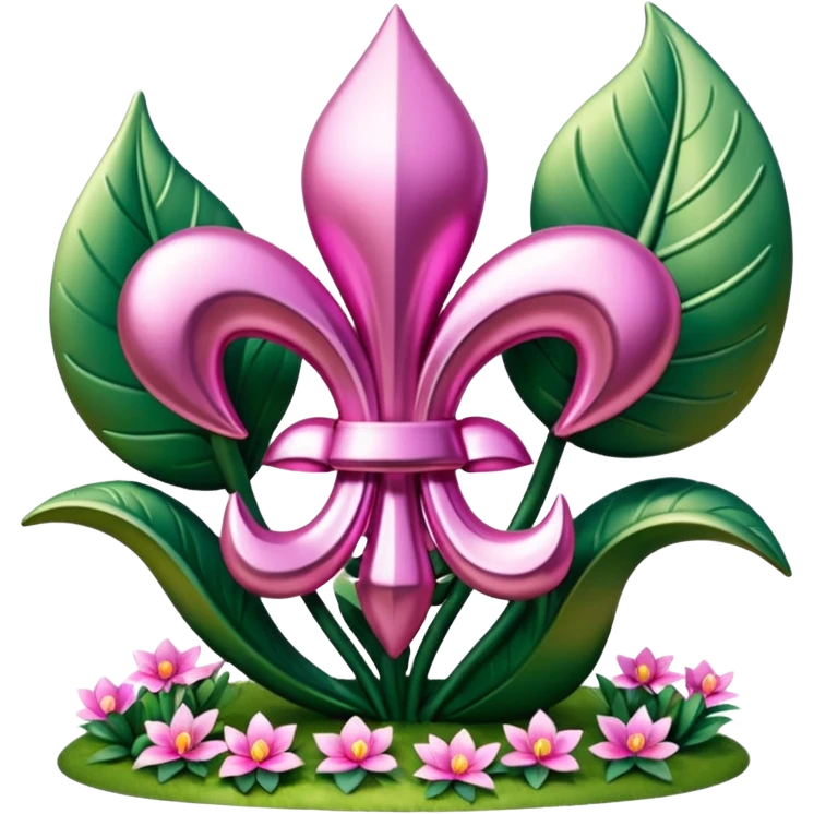 Jeff Koons style pink fleur de lis sculpture in a garden landscape  emoji