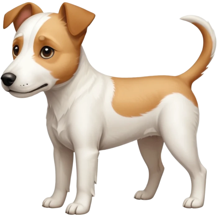 a full body facing front on of a buff white parson russell terrier looking dog the size of a kelpie with light brown long ears resting on its face and a light brown patch on one eye and a large snout. the rest of the dog is completely white.  emoji