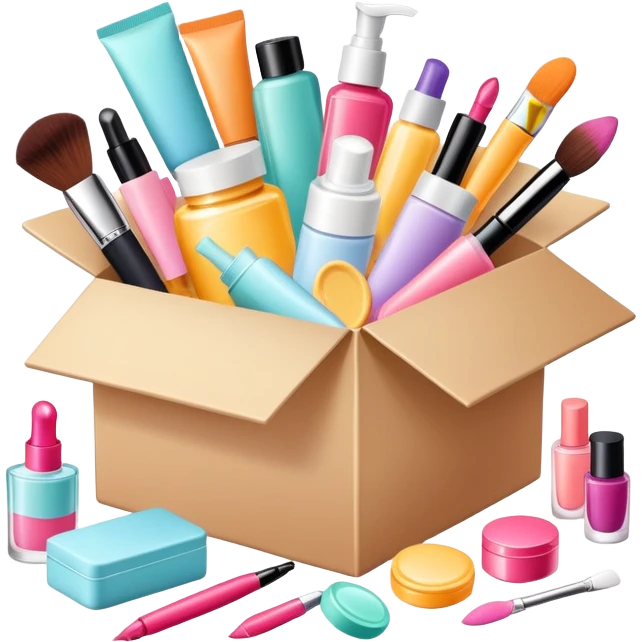 a beauty subscription box with various cosmetics and skincare items spilling out emoji
