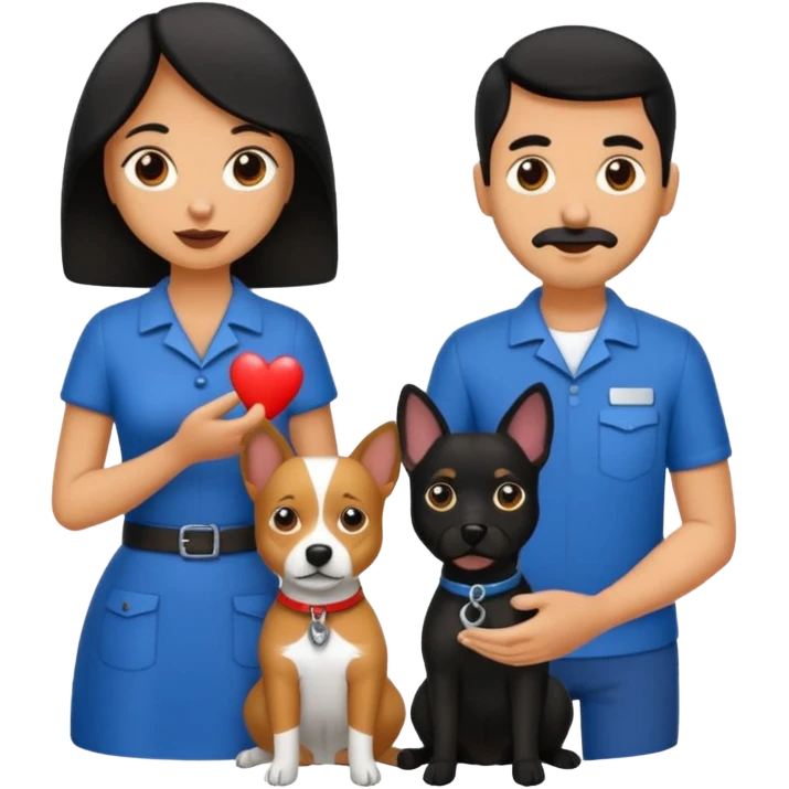 Pareja hombre y mujer, pelo negro ambos, y con dos perritos pincher en sus brazos emoji