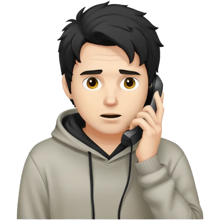 a white man with black messy, hoodie taking a call emoji