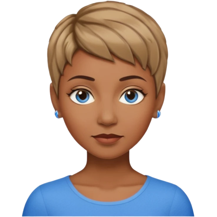Frau, braun mit dunkelblonden spitzen, kurzhaarfrisur Pixie schnitt, blaue Augen, mittleres alter emoji