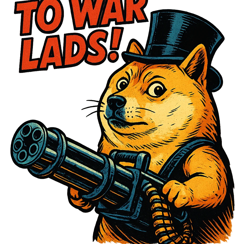 doge with a tophat and minigun, comic book style, bold 'TO WAR LADS!' caption emoji
