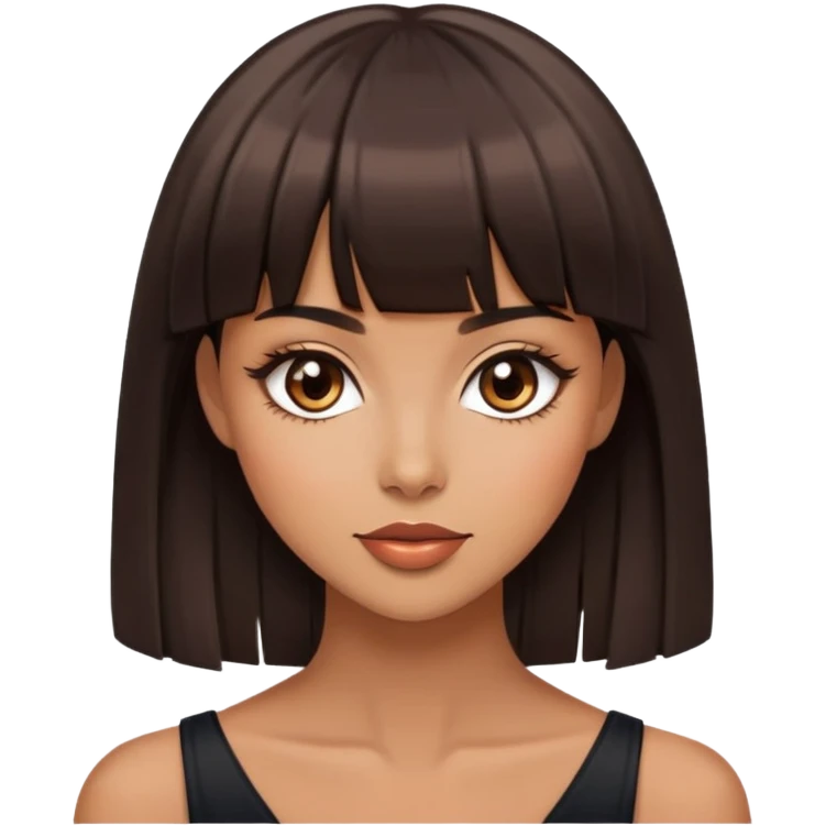 Pretty woman with dark brown straight bangs, light makeup, flirtatious expression emoji