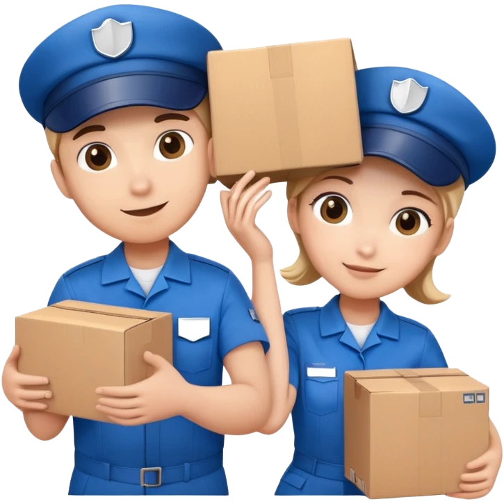 two suppliers in blue uniforms and caps holding a big box together, different pose emoji