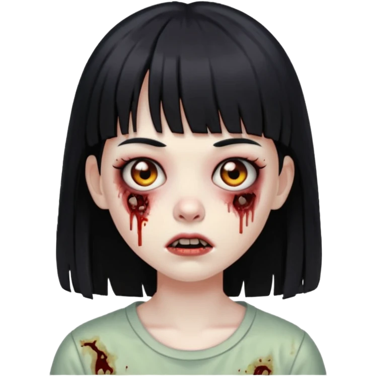 Emoji de uma garota zumbi com os cabelos longos, lisos e pretos. Ela usa uma franja curta. emoji