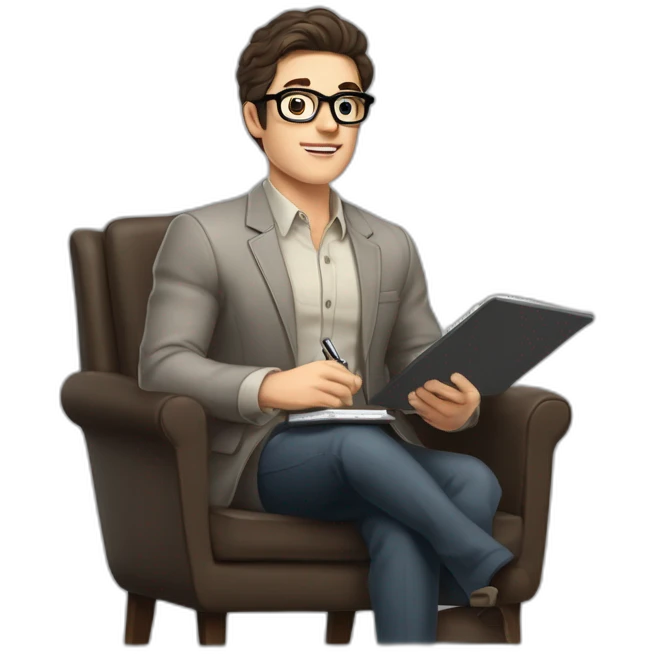 Pale skinned Fit Man With dark brown hair in gray jacket, beige office shirt and vintage glasses sitting In a soft chair with a notebook with emblem Ψ and a pen in his hands emoji